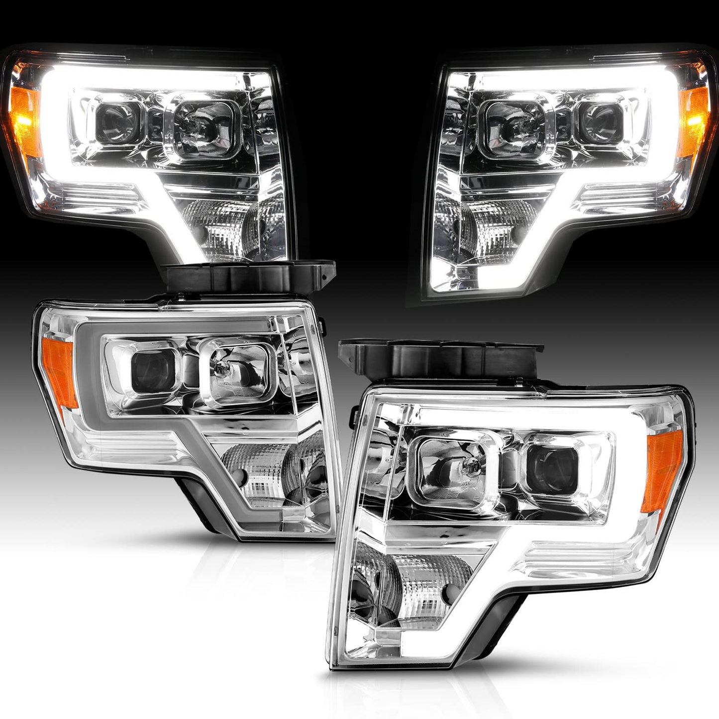 Square Projector Halogen Black Headlights Pair LED Bar Set for 2009-2014 Ford F150 High/Low Beam Bulb Included - Driver and Passenger Side
