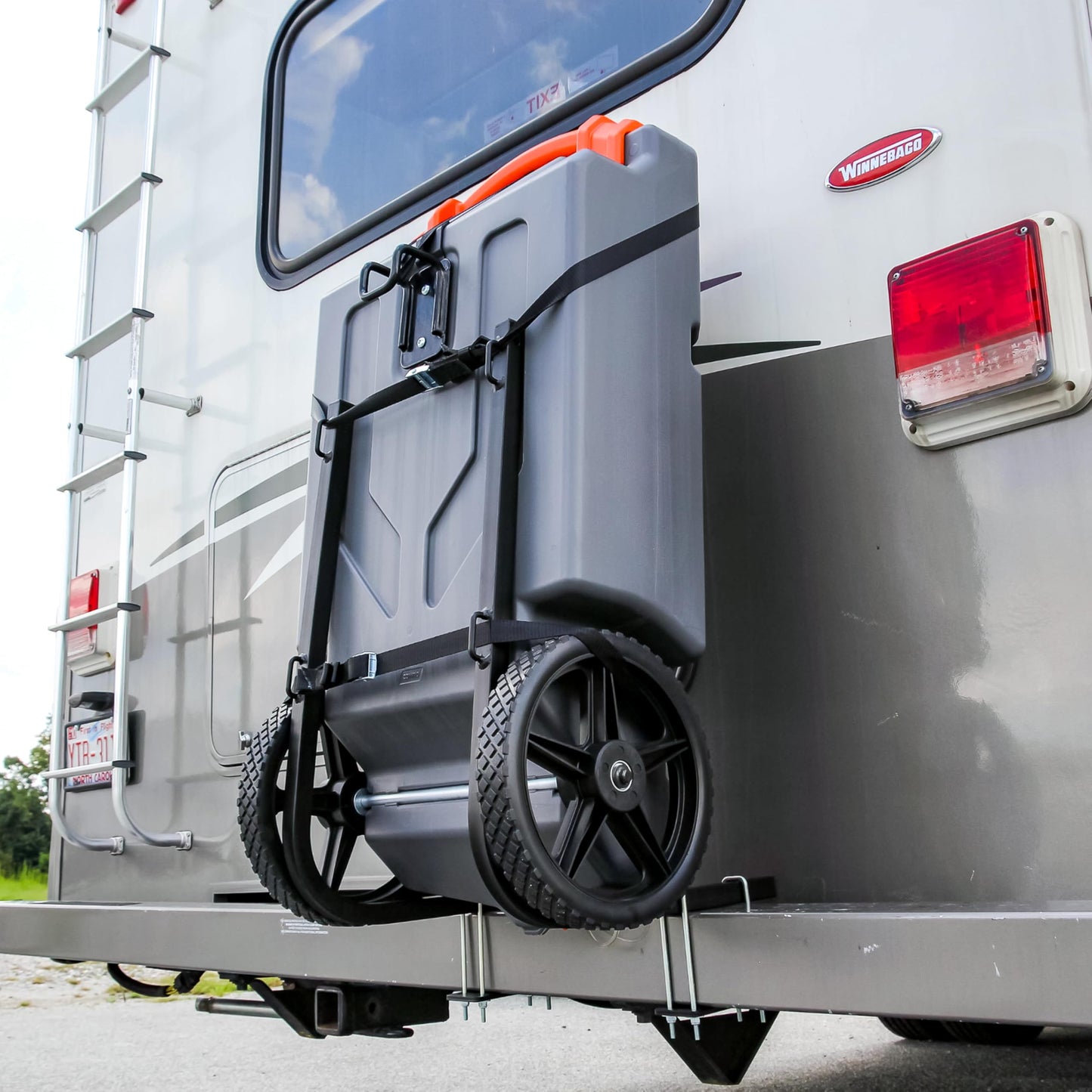 RV Tote Tank Carrier, Heavy Duty Steel RV Bumper Mount Tote Tank Holder with 2 Ratchet Straps, Fit Max 4.5" Bumper - OMOTOR