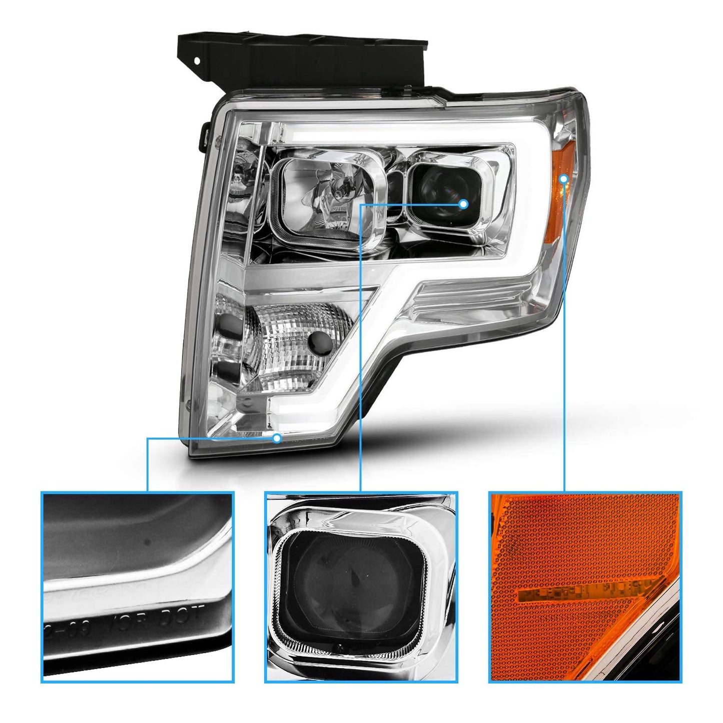 Square Projector Halogen Black Headlights Pair LED Bar Set for 2009-2014 Ford F150 High/Low Beam Bulb Included - Driver and Passenger Side