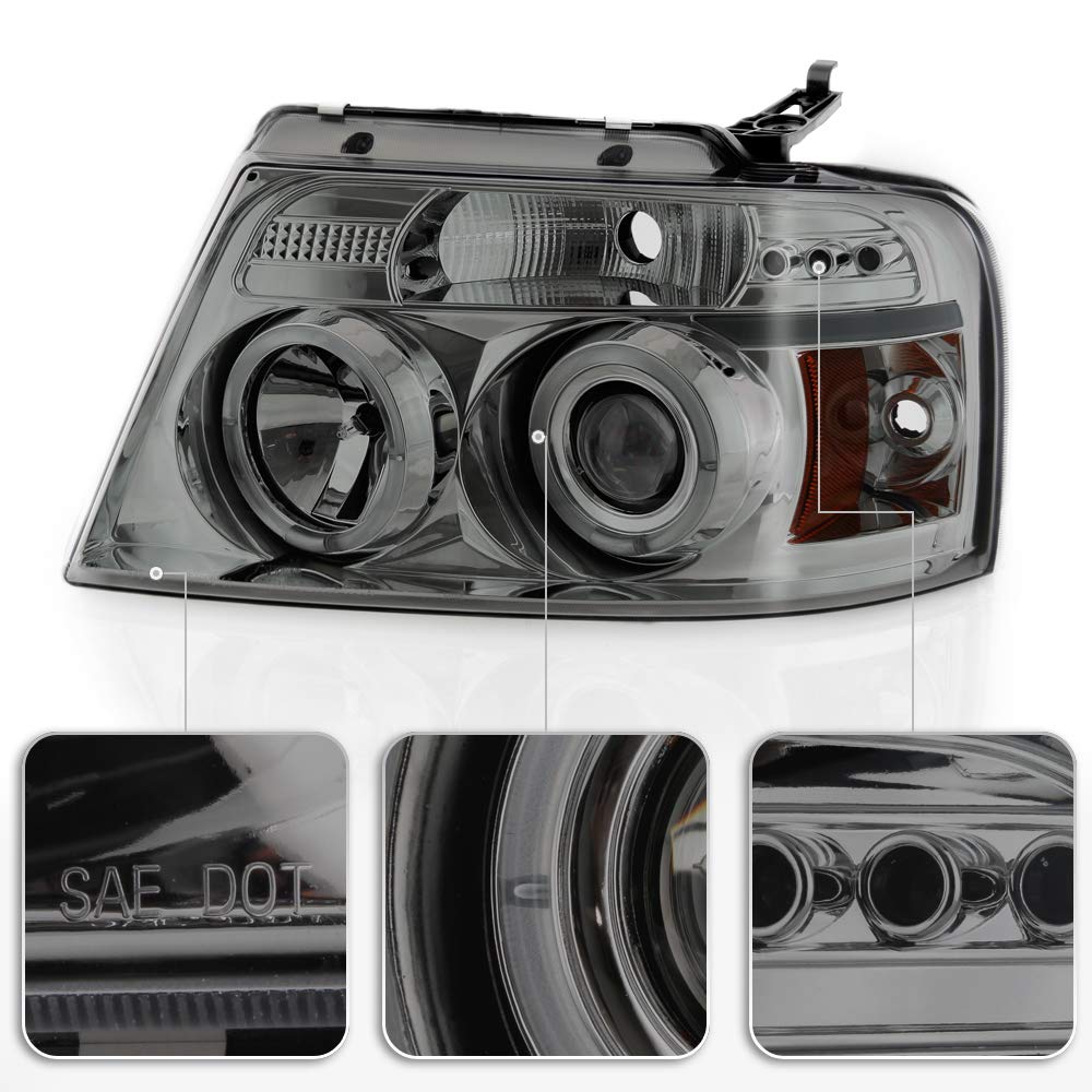 For 2004-2008 Ford F150 LED Dual Halo Ring Smoked Lens Projector Headlights Headlamps, Driver & Passenger Side - OMOTOR