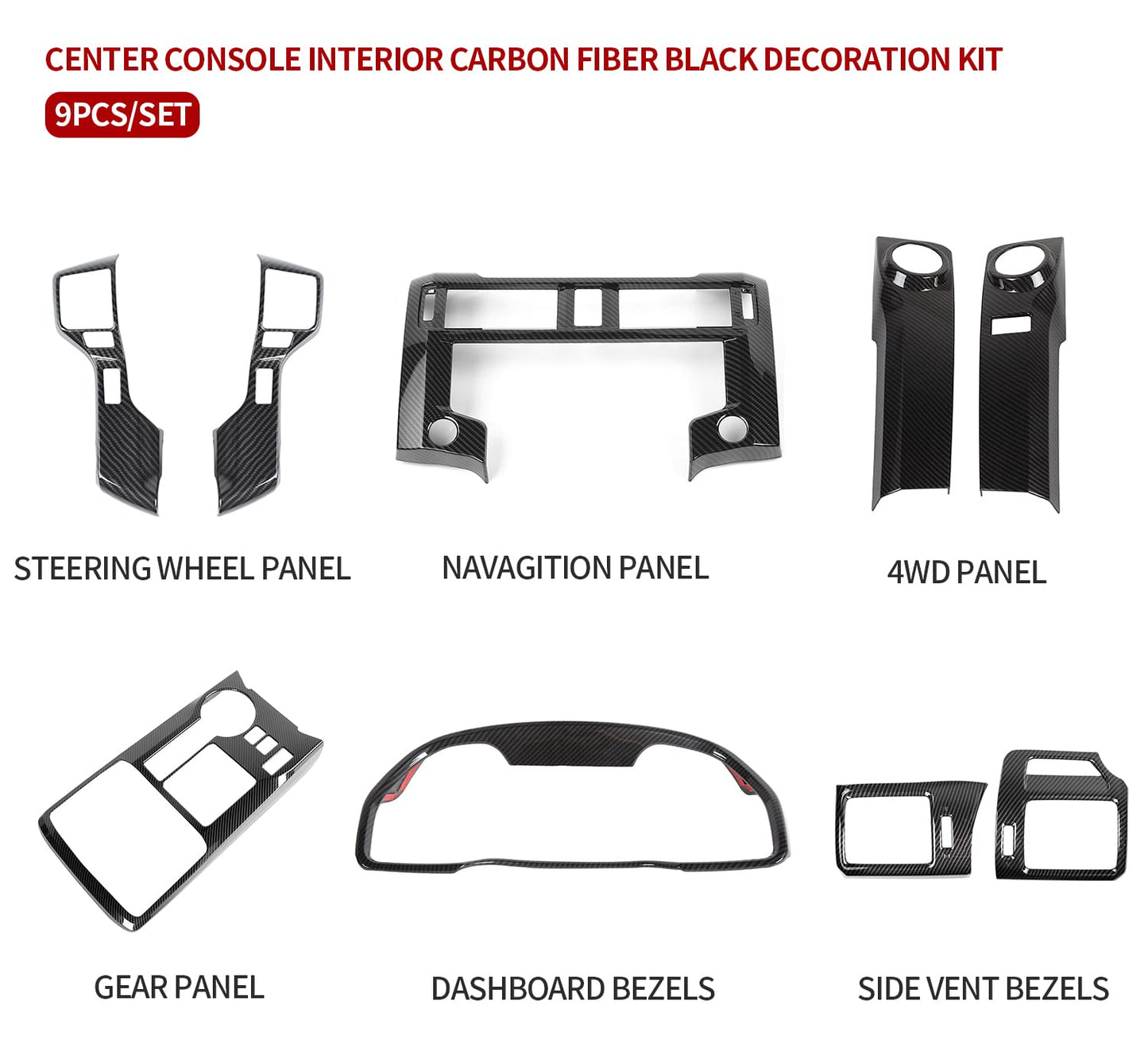 Center Console Interior Carbon Fiber Black Decoration Kit for Toyota 4Runner 2020-2024 - OMOTOR