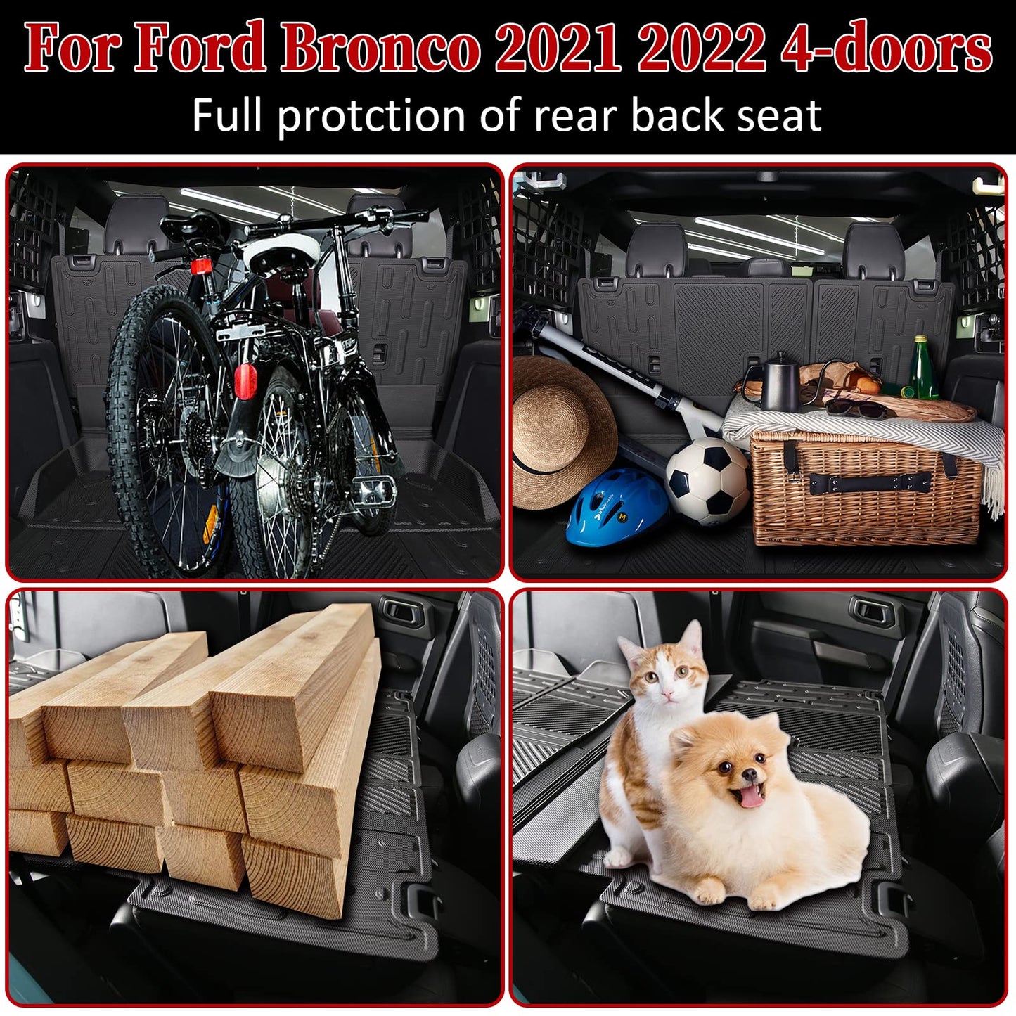 Back Seat Cover Protector for Ford Bronco Accessories 2021-2024 4 Doors with Vel-cro Split Dog Seat Liner