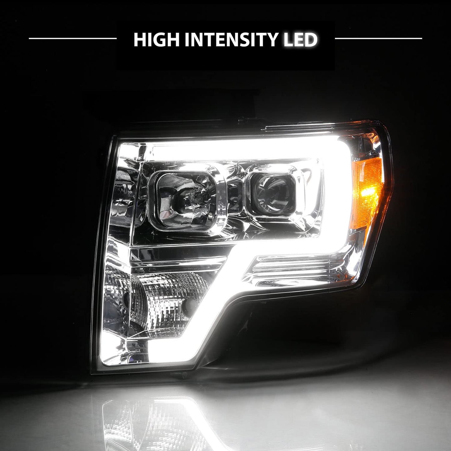 Square Projector Halogen Black Headlights Pair LED Bar Set for 2009-2014 Ford F150 High/Low Beam Bulb Included - Driver and Passenger Side