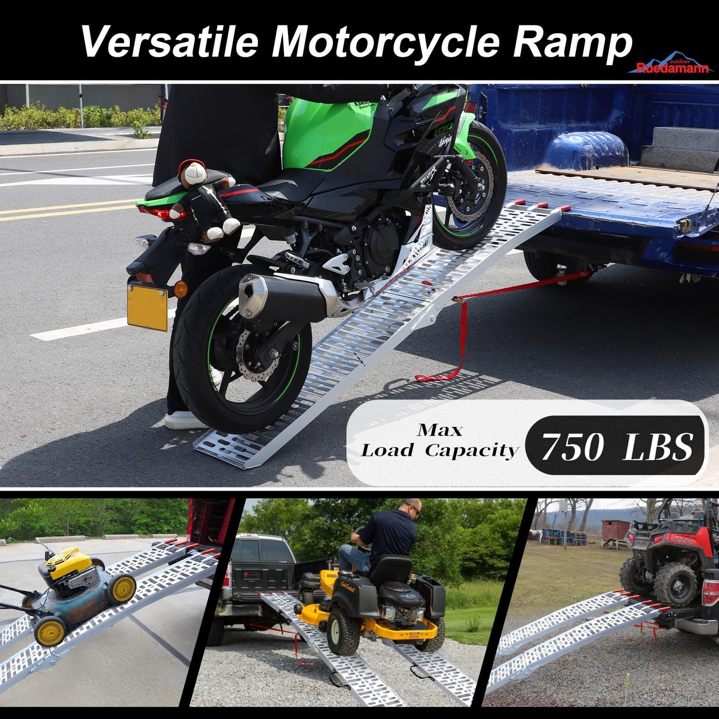 7.5FT Aluminum Motorcycle Ramp, 750 lbs Capacity for ATV, Motorcycle, Lawn Mower, Dirt Bike, Load Straps Included, 1 PC