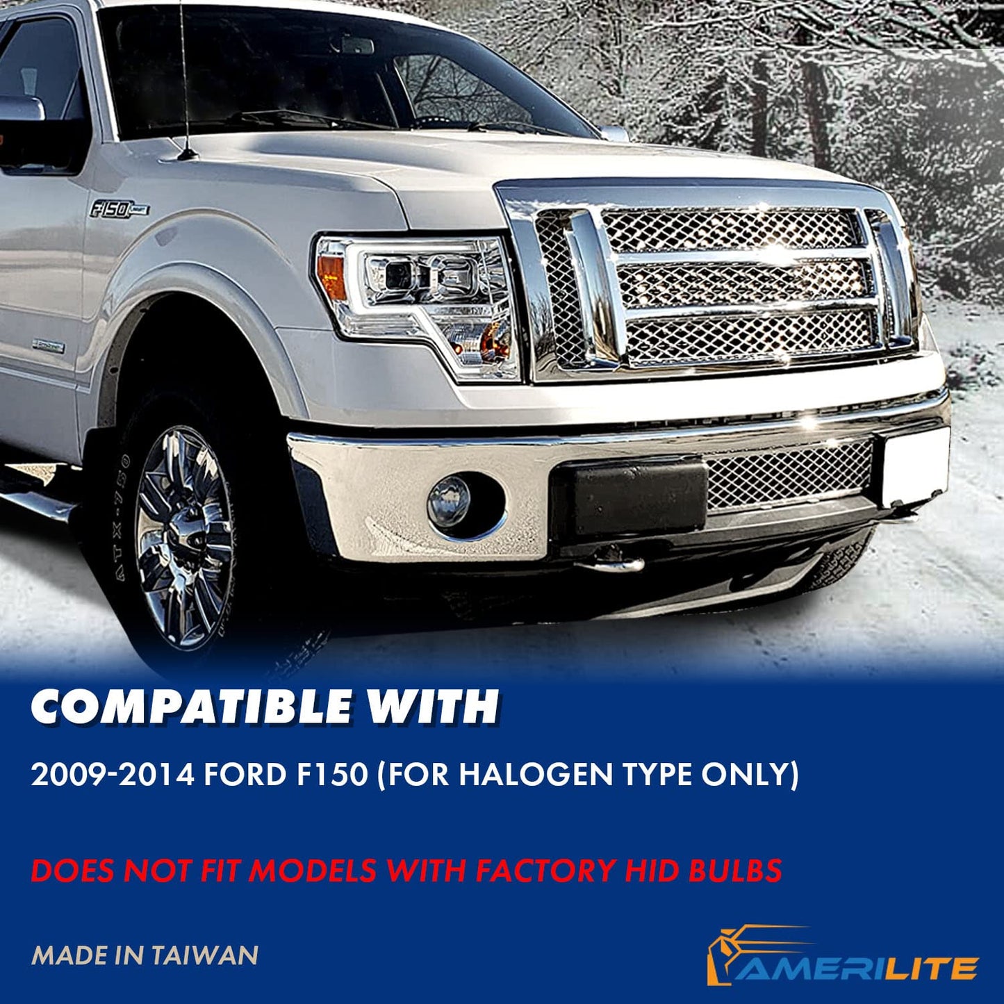 Square Projector Halogen Black Headlights Pair LED Bar Set for 2009-2014 Ford F150 High/Low Beam Bulb Included - Driver and Passenger Side