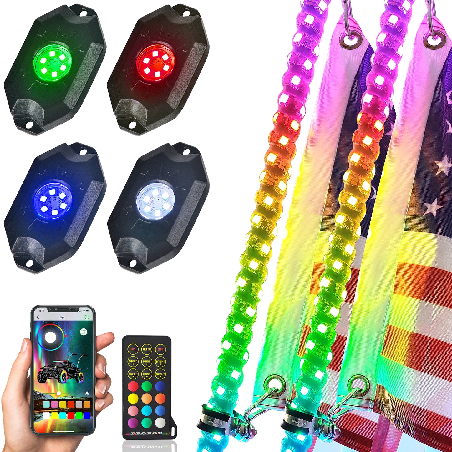 【WHIP AND ROCK LIGHTS KIT】LED RGB Chasing Whip Lights and 8 Pods 3rd-Gen Rock Lights Kit with Bluetooth and Remote Control - OMOTOR