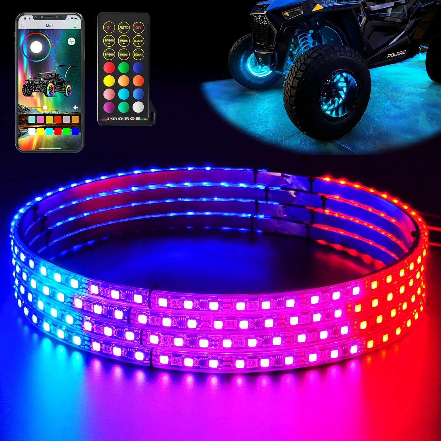 【EASY INSTALL】4PCS 12 inch Dancing Color Chasing RGB LED Wheel Rim Light Kit for UTV, ATV & SXS VEHICLES - OMOTOR