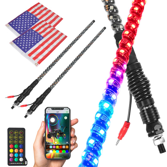 2pcs 4ft LED Whip Lights New Upgrade Spring Base with Bluetooth and Remote Control Spiral RGB Chase Light