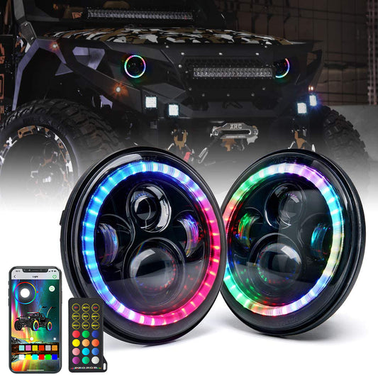 7" Inch 90W RGB LED Headlights Bluetooth & IR Controlled with Dancing Halo Ring Compatible with 1997-2018 Jeep Wrangler TJ JK