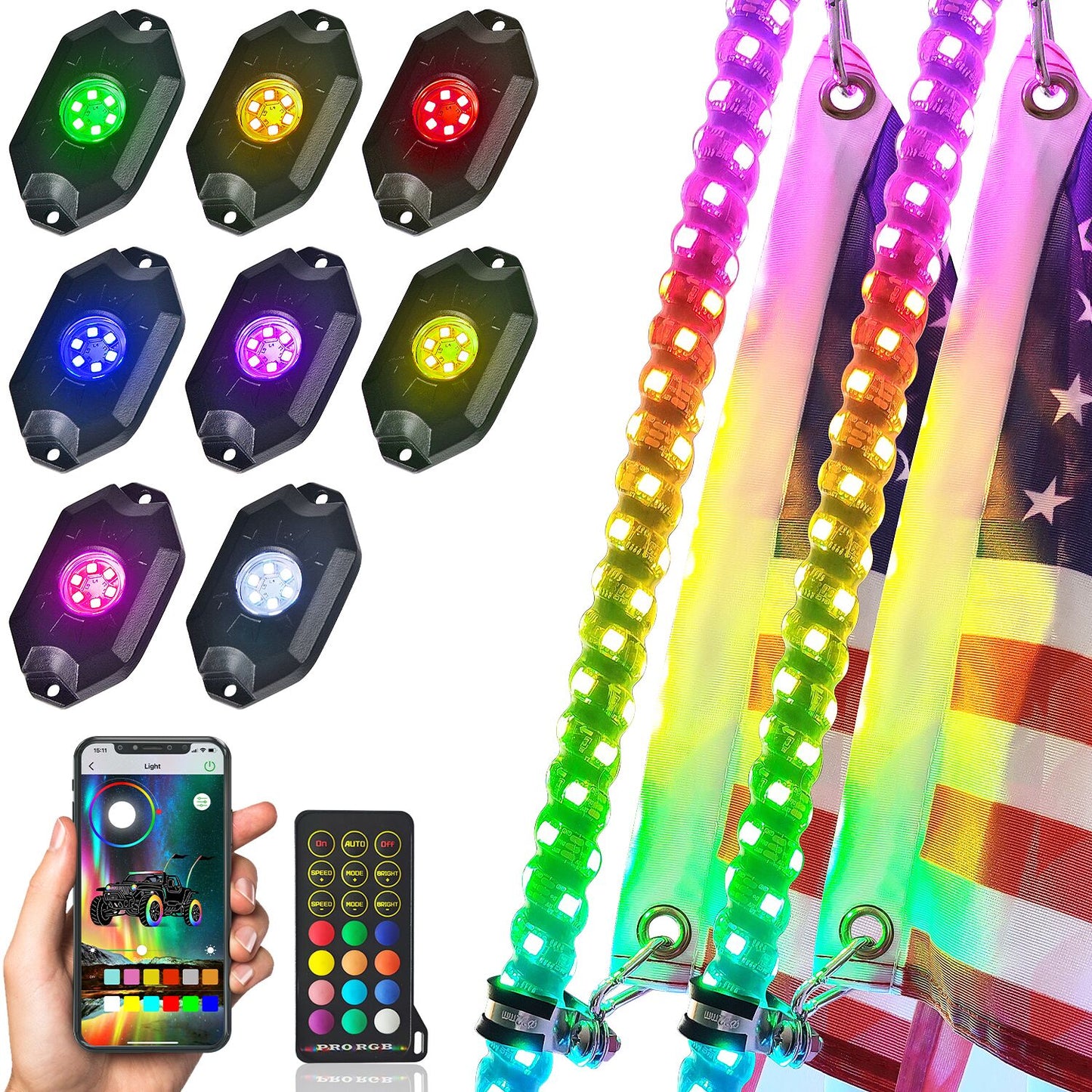 【WHIP AND ROCK LIGHTS KIT】LED RGB Chasing Whip Lights and 8 Pods 3rd-Gen Rock Lights Kit with Bluetooth and Remote Control - OMOTOR