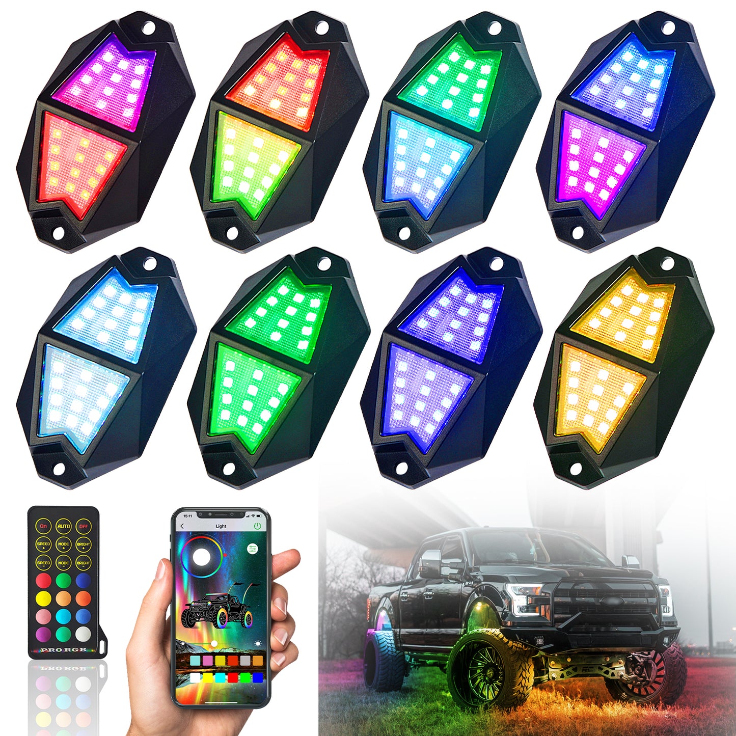 【Upgrade 8 Pods Rock Lights】- RGB LED Multicolor Underglow Neon Light Kit with Bluetooth Controller, Music Mode - OMOTOR