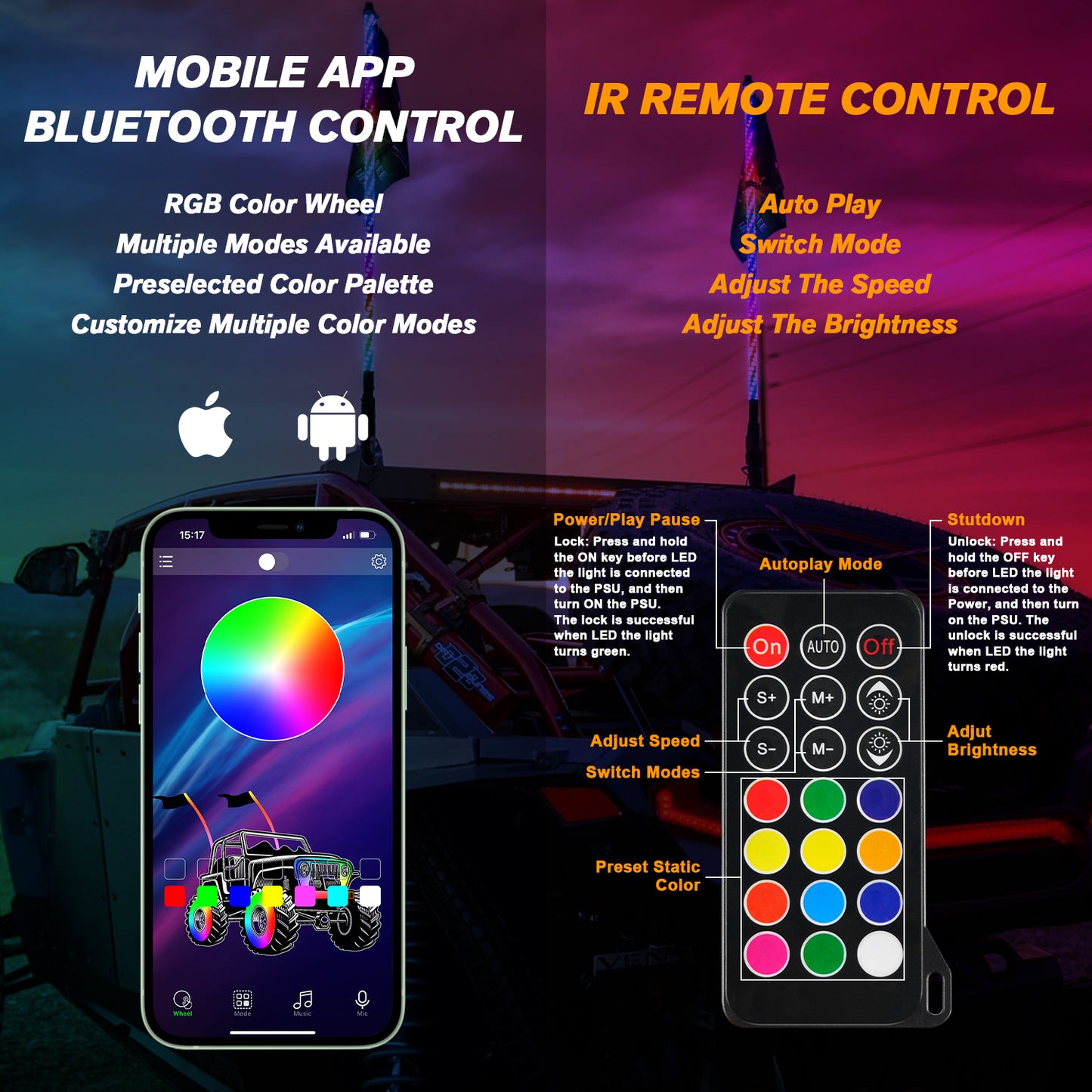 LED Whip Lights for UTV ATV Bluetooth and Remote Control with Gadsden Flag - OMOTOR