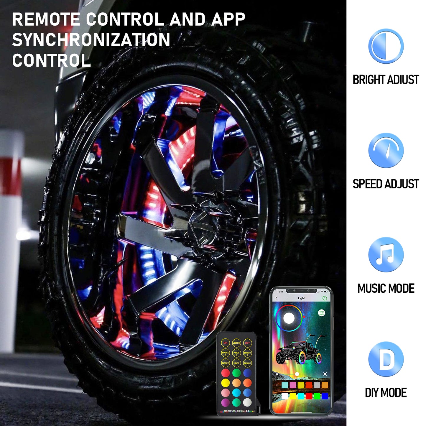 【EASY INSTALL】4PCS 17 INCH Chasing RGB LED Wheel Rim Light Kit - OMOTOR