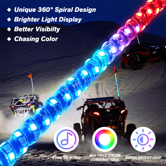 2pcs LED Whip Lights with Bluetooth and Remote Control Spiral RGB Chase Light