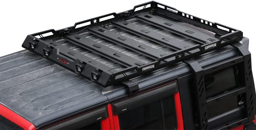 New Steel Hard Top Basket Roof Rack with Ladder &LED Lights for 2007-2018 Wrangler JK 2 Doors and 4 Doors(Not fit 2018 Wrangler JL) - OMOTOR