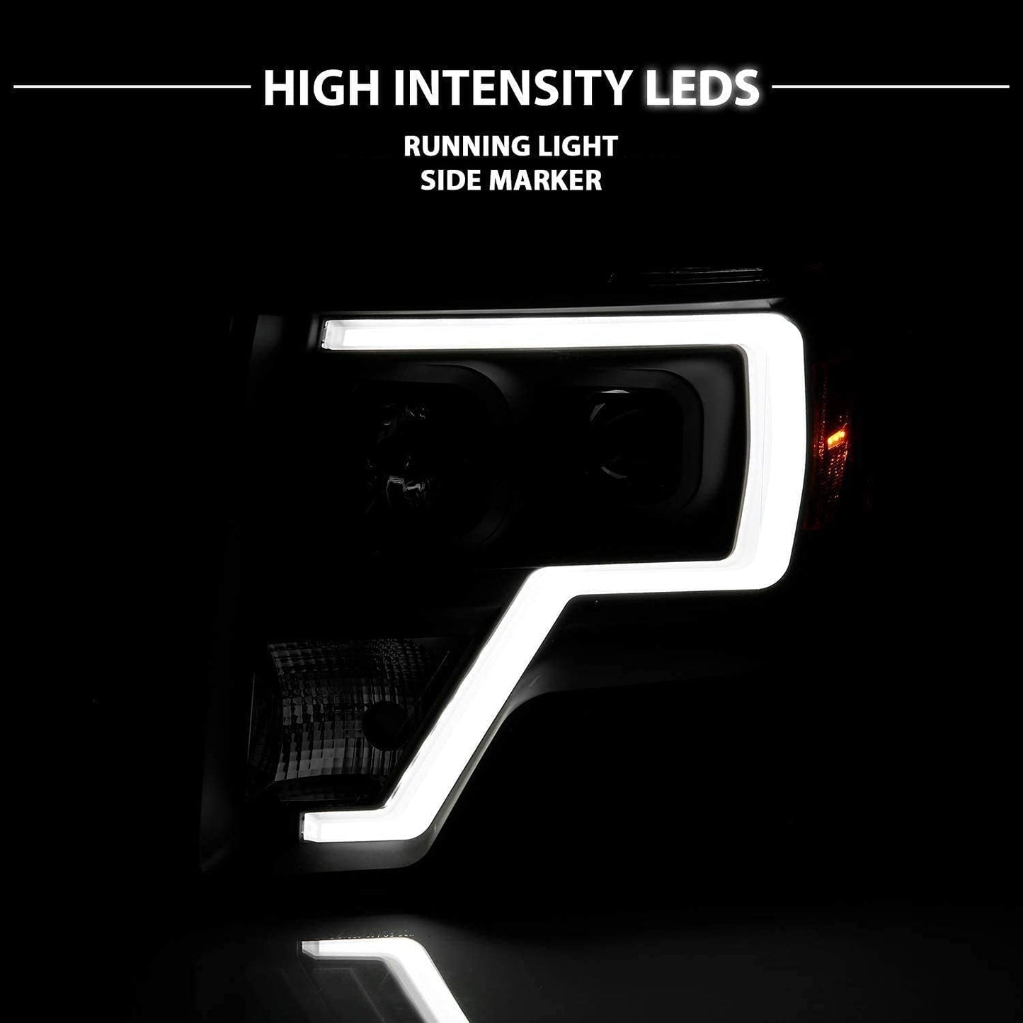 Square Projector Halogen Black Headlights Pair LED Bar Set for 2009-2014 Ford F150 High/Low Beam Bulb Included - Driver and Passenger Side - OMOTOR