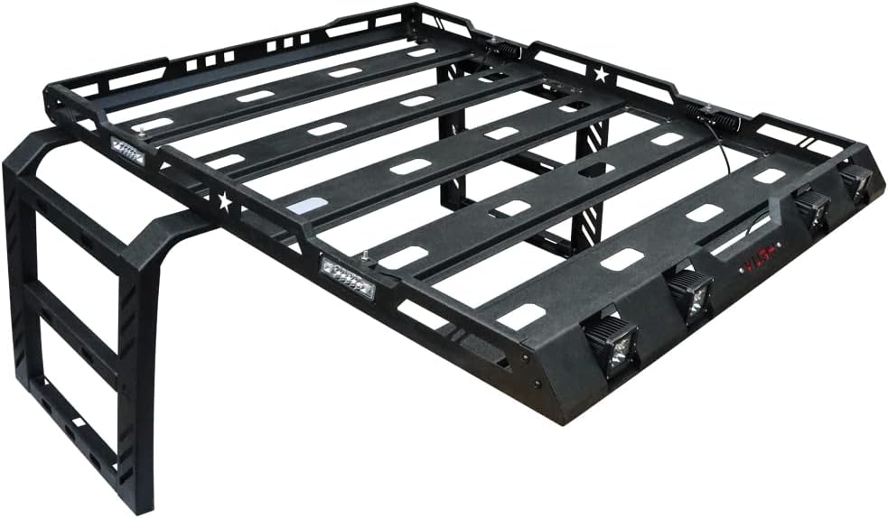 New Steel Hard Top Basket Roof Rack with Ladder &LED Lights for 2007-2018 Wrangler JK 2 Doors and 4 Doors(Not fit 2018 Wrangler JL) - OMOTOR