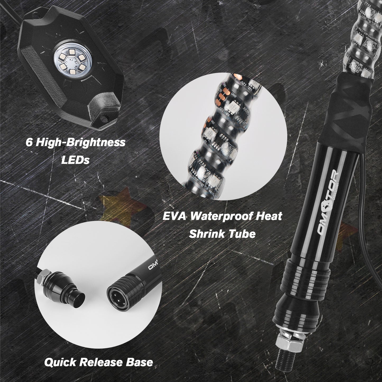 【WHIP AND ROCK LIGHTS KIT】LED RGB Chasing Whip Lights and 8 Pods 3rd-Gen Rock Lights Kit with Bluetooth and Remote Control - OMOTOR