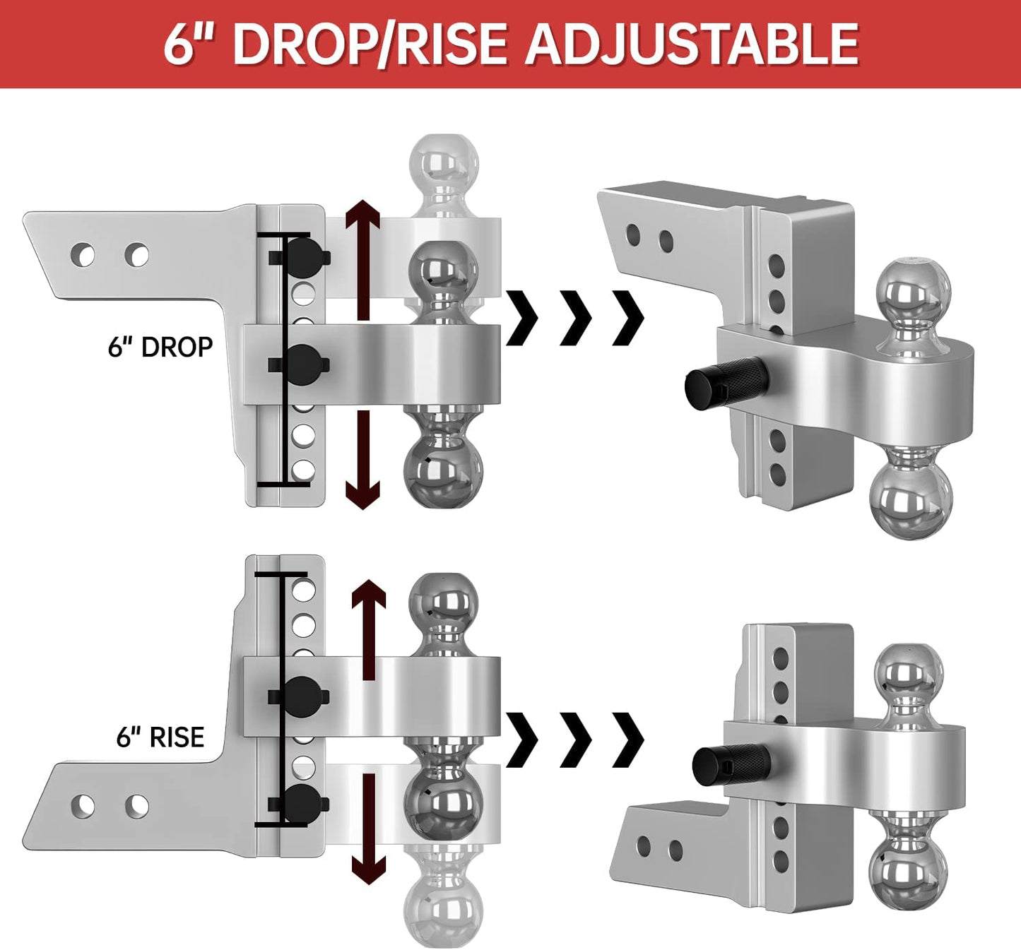 Adjustable Trailer Hitch, Fits 2.5 Inch Receiver, 6 Inch Drop Hitch, 18,500 LBS GTW, Aluminum Forged Shank, 2 Inch & 2-5/16 Inch Balls, Towing Hitch for Heavy Duty Truck with Double Lock Pins - OMOTOR