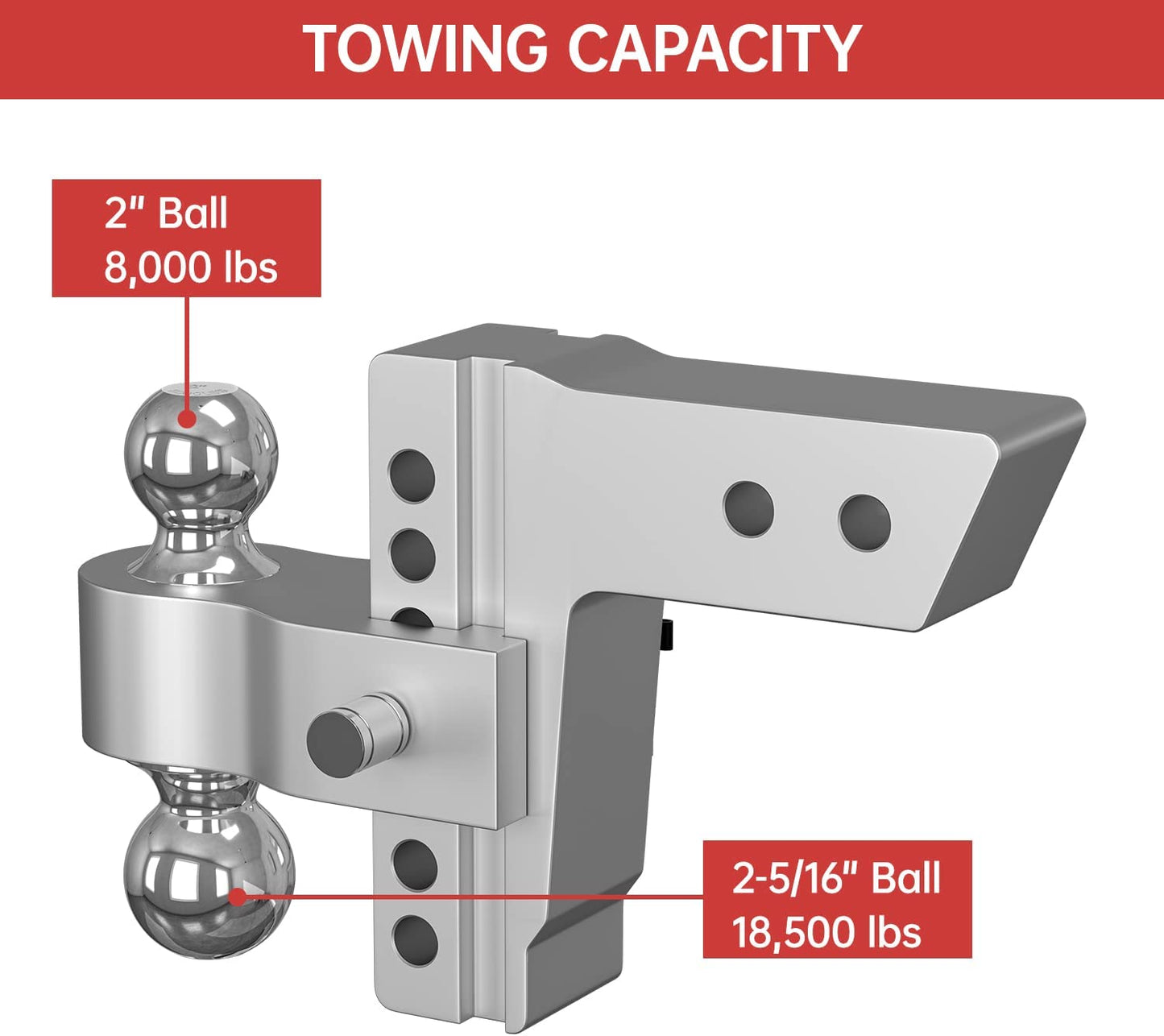 Adjustable Trailer Hitch, Fits 2.5 Inch Receiver, 6 Inch Drop Hitch, 18,500 LBS GTW, Aluminum Forged Shank, 2 Inch & 2-5/16 Inch Balls, Towing Hitch for Heavy Duty Truck with Double Lock Pins - OMOTOR