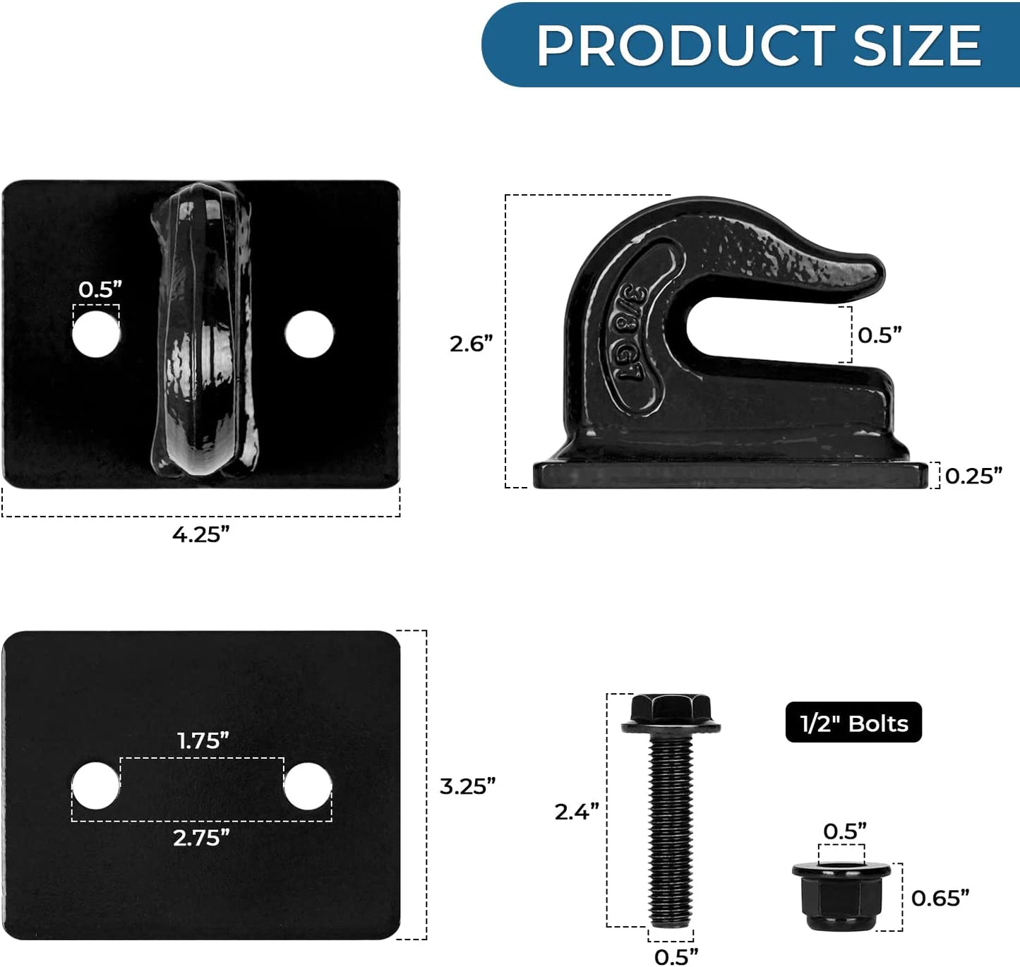 3/8" Tractor Bucket Hooks Grade 70 Forged Steel Bolt On Heavy Duty Grab Hook Tow Hook with Backer Plate,Tractor Bucket Accessories for Rv,Utv,Truck,Black - OMOTOR