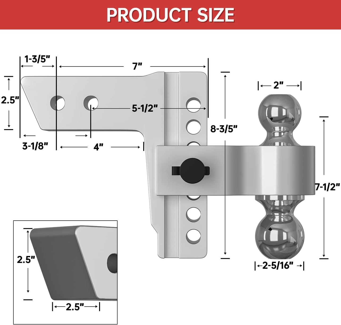 Adjustable Trailer Hitch, Fits 2.5 Inch Receiver, 6 Inch Drop Hitch, 18,500 LBS GTW, Aluminum Forged Shank, 2 Inch & 2-5/16 Inch Balls, Towing Hitch for Heavy Duty Truck with Double Lock Pins - OMOTOR