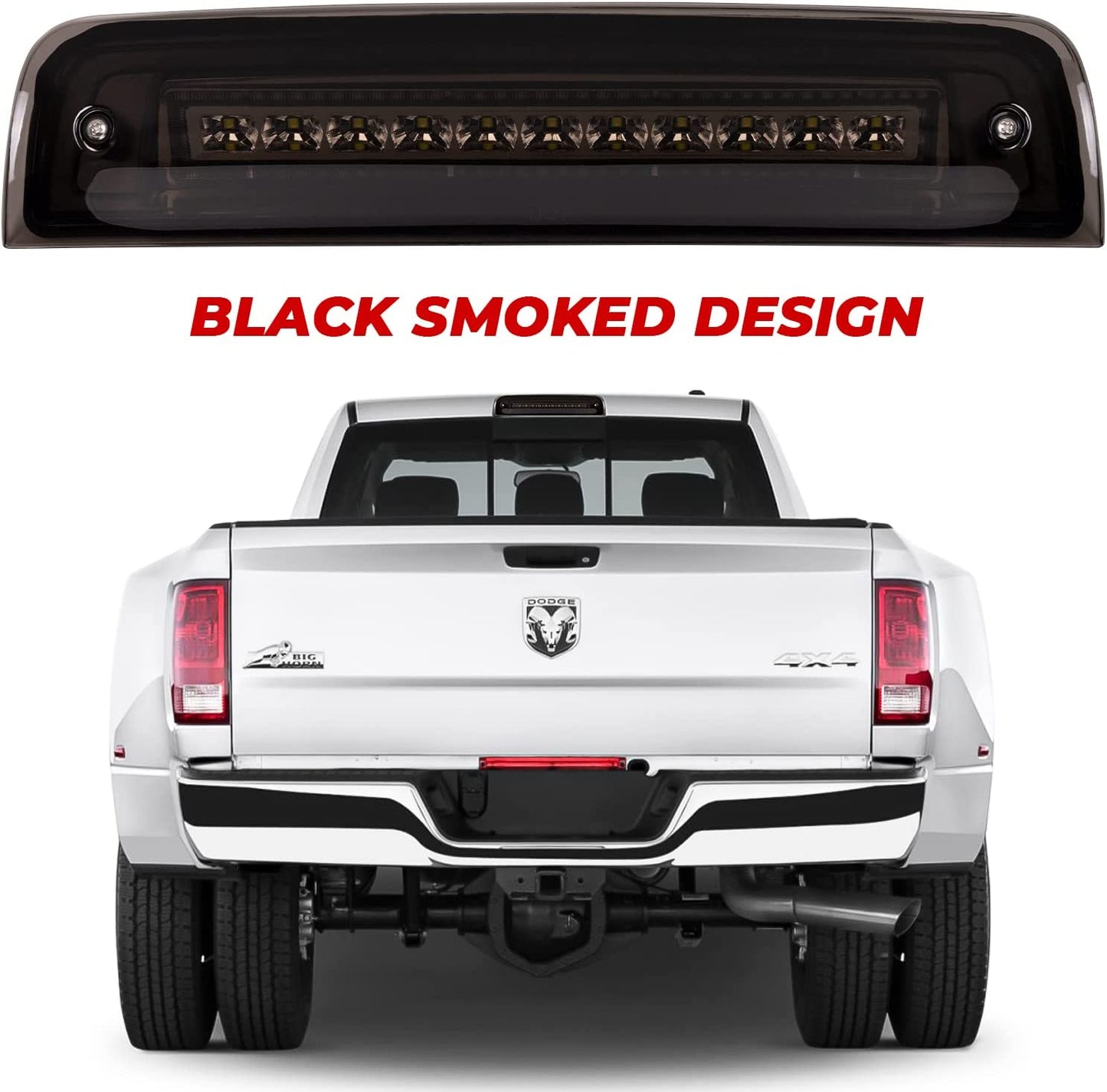 Upgraded Led Third Brake Light with Strobe Mode Switch for 2009-2018 Dodge Ram 1500 2500 3500 Pickup High Mount Brake Cargo Light with Smoke Lens Black Housing - OMOTOR