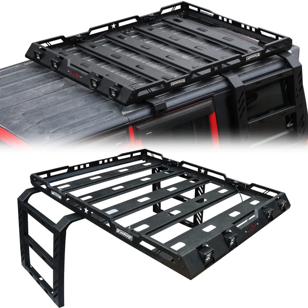 New Steel Hard Top Basket Roof Rack with Ladder &LED Lights for 2007-2018 Wrangler JK 2 Doors and 4 Doors(Not fit 2018 Wrangler JL) - OMOTOR