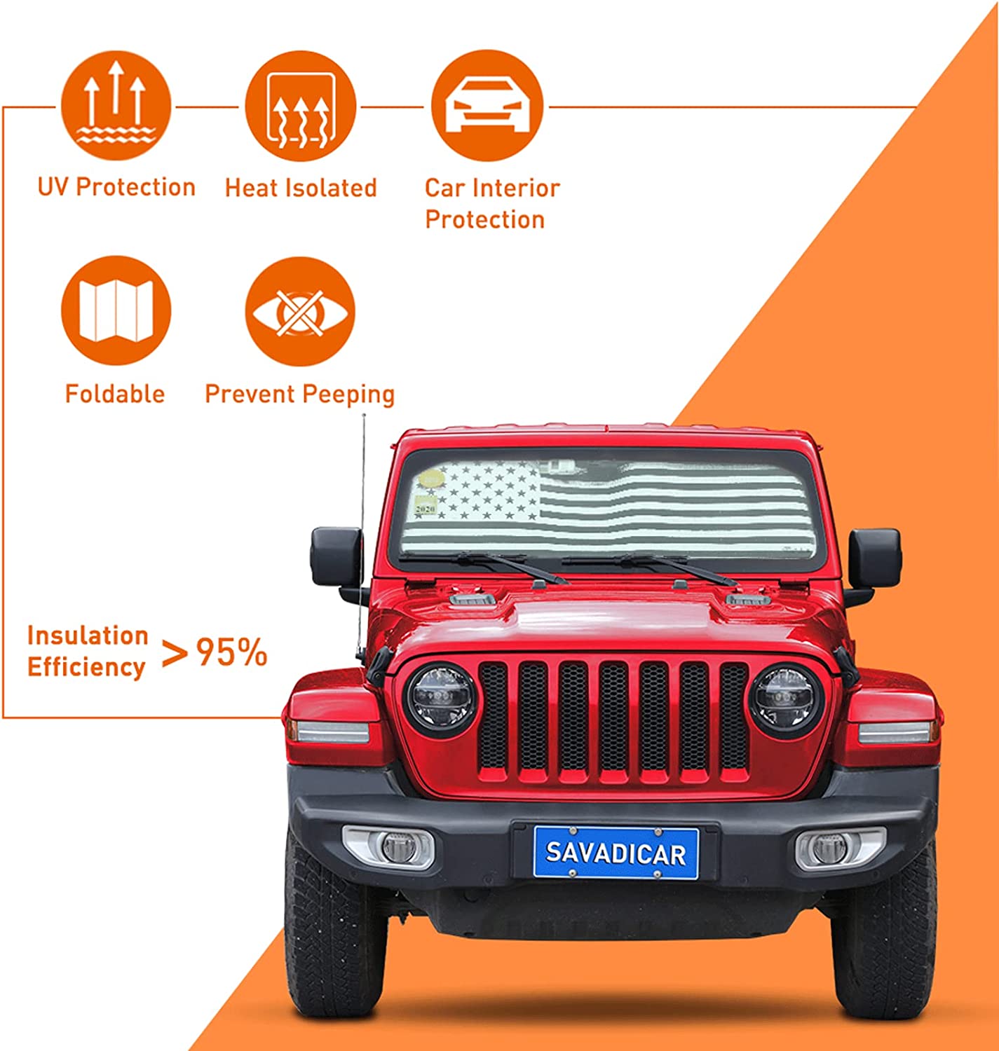 Windshield Sun Shade with USA Flag for 2018-2022 Jeep Wrangler JL JLU & Gladiator JT - OMOTOR
