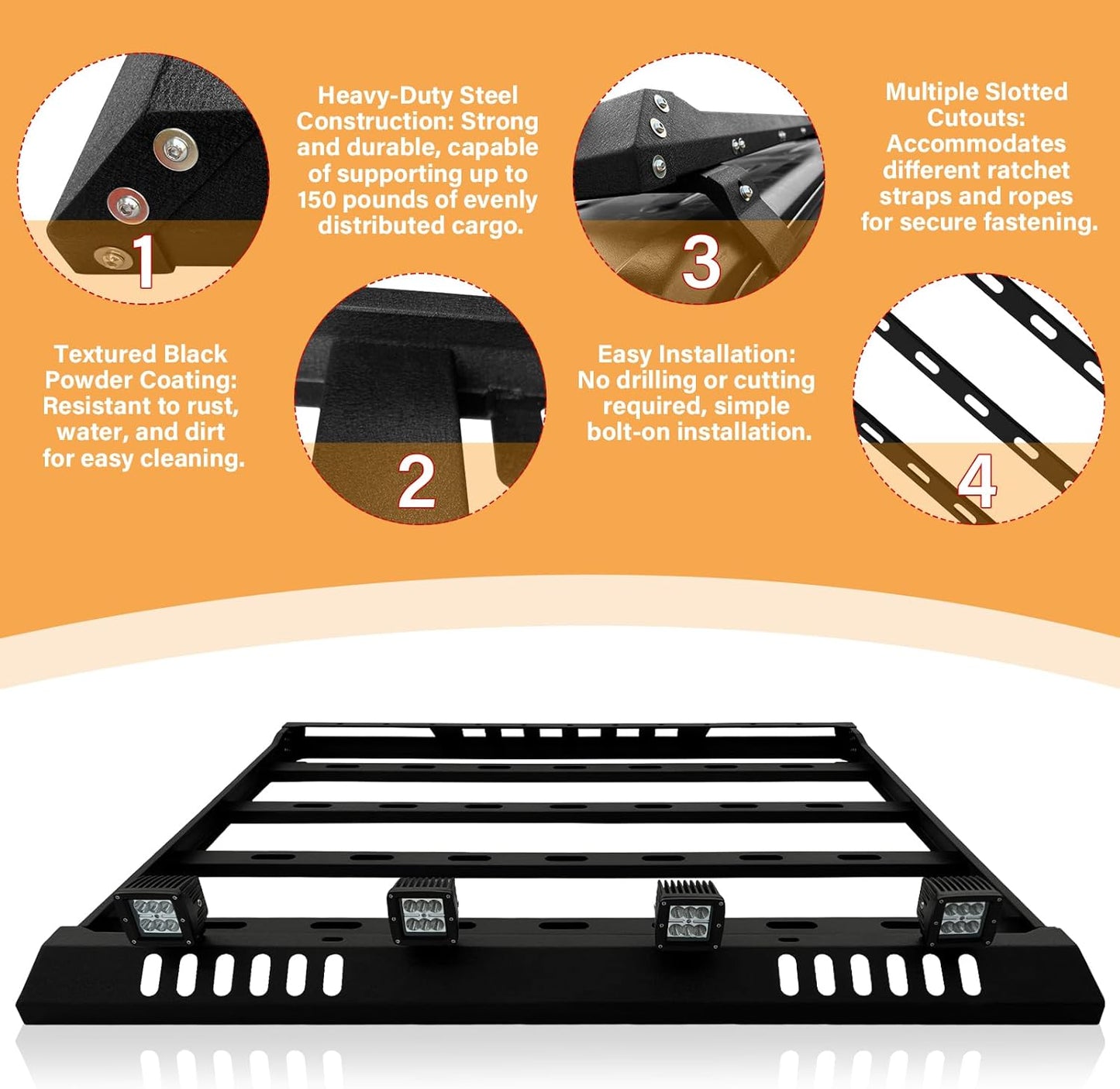 Roof Rack Cargo Basket with 4PCS LED Light Bar Compatible for 2007-2024 Jeep Wrangler JK JL Unlimited & Gladiator JT 2 & 4 Doors Hardtop, JKU JLU Luggage Racks Rooftop Storage Carrier (Black) - OMOTOR
