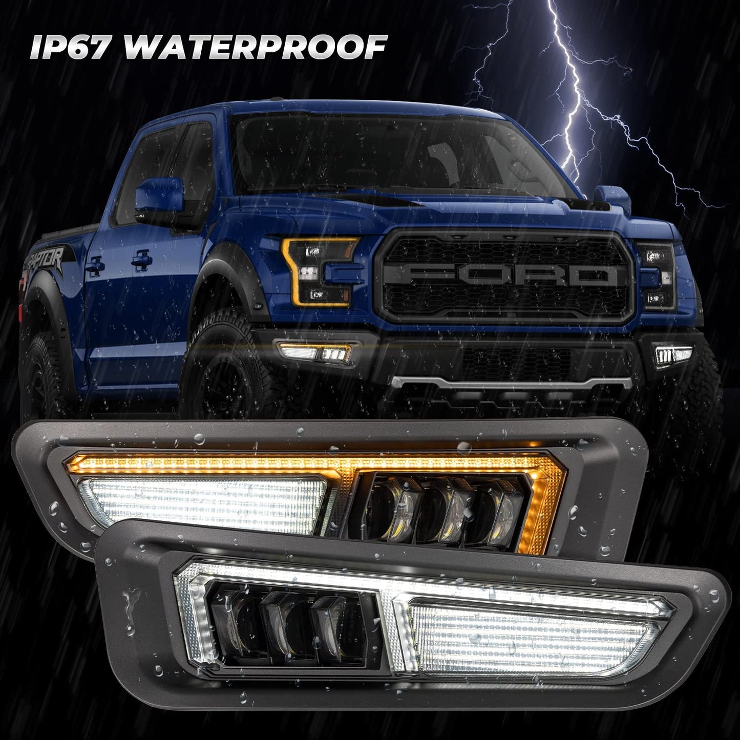 Fog Lights with Amber Sequential Turn Signal White DR LED Bumper Fog Lights Compatible Smoke Housing with Gen 2 for Ford Raptor 2017 2018 2019 2020 - OMOTOR