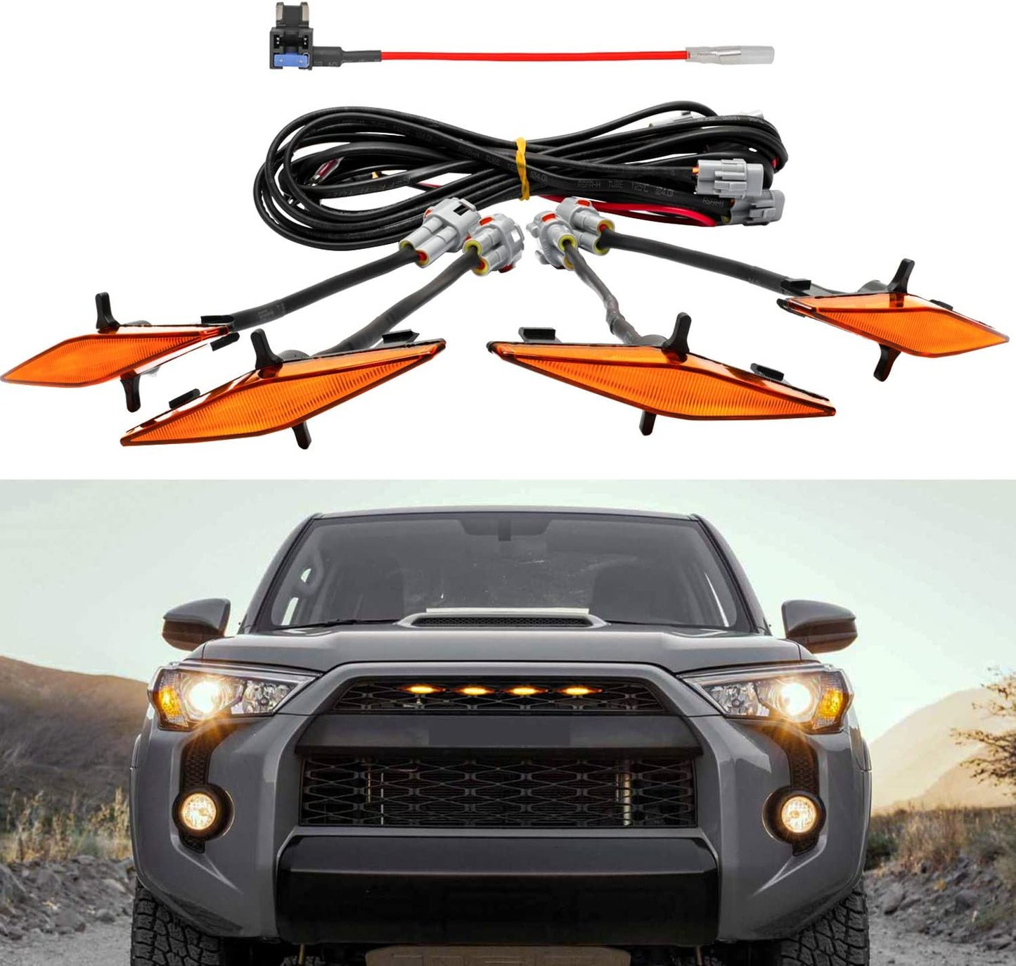 4 PCS Led Amber Lights with Fuse and Instruction for 2014-2022 Toyota 4Runner TRD Pro Grille, Including SR5, TRD off-road, Limited, TRO Pro (Amber) - OMOTOR