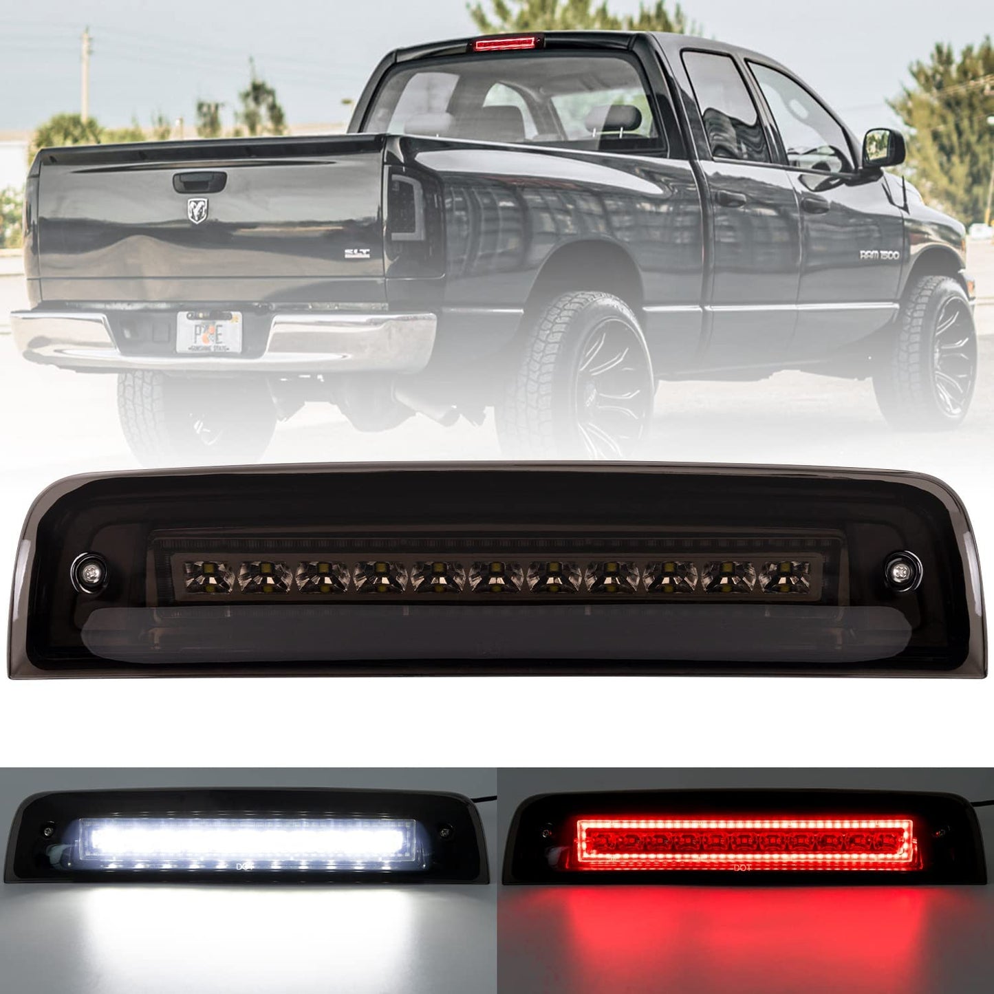 Upgraded Led Third Brake Light with Strobe Mode Switch for 2009-2018 Dodge Ram 1500 2500 3500 Pickup High Mount Brake Cargo Light with Smoke Lens Black Housing - OMOTOR