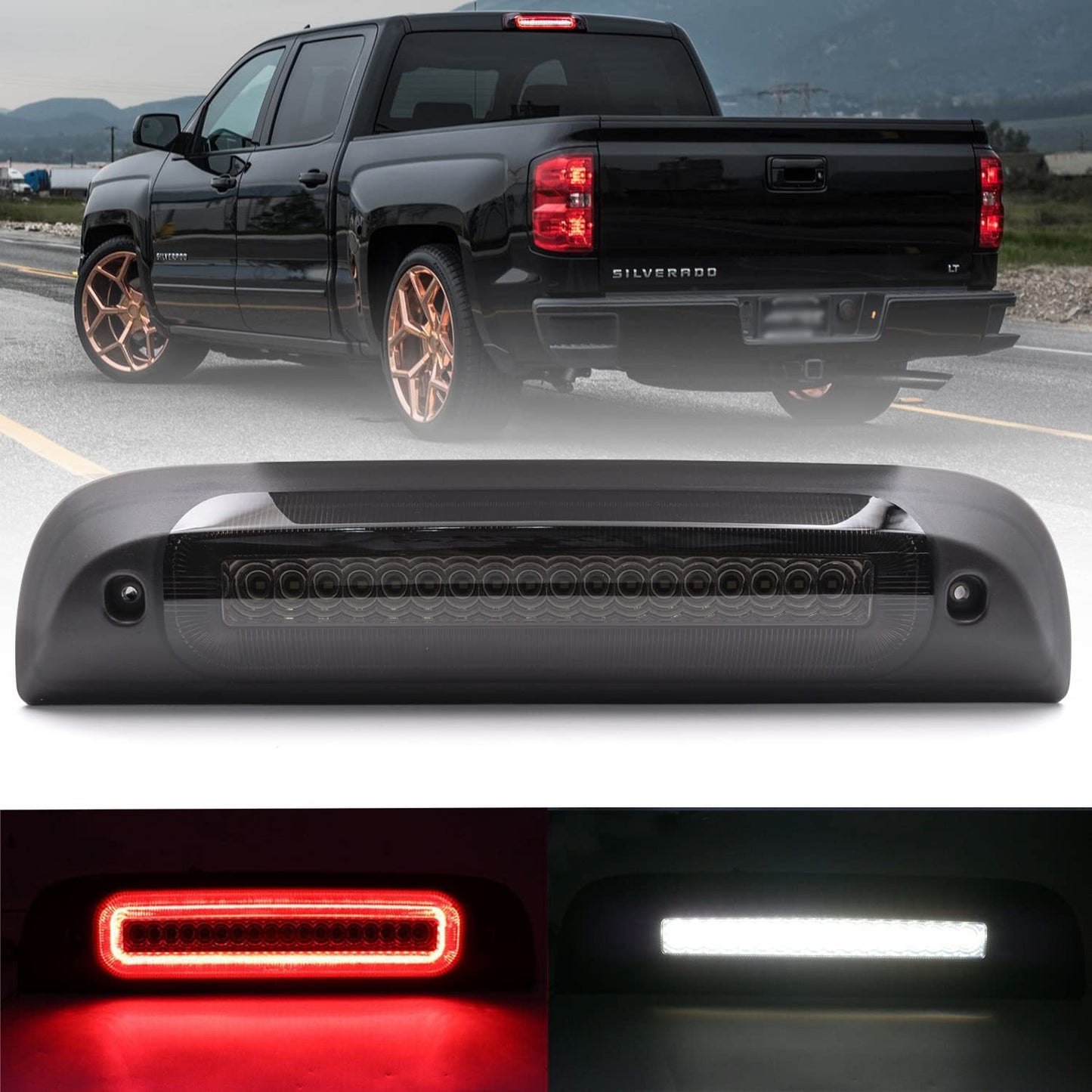 Led Third Brake Light Replacement for 2014-2018 Chevy Silverado GMC Sierra 1500 2500HD 3500HD Red LED Strobe Rear 3rd Brake Center High Mount Stop Lamp + White Cargo Light Kit Euro Smoked Lens - OMOTOR