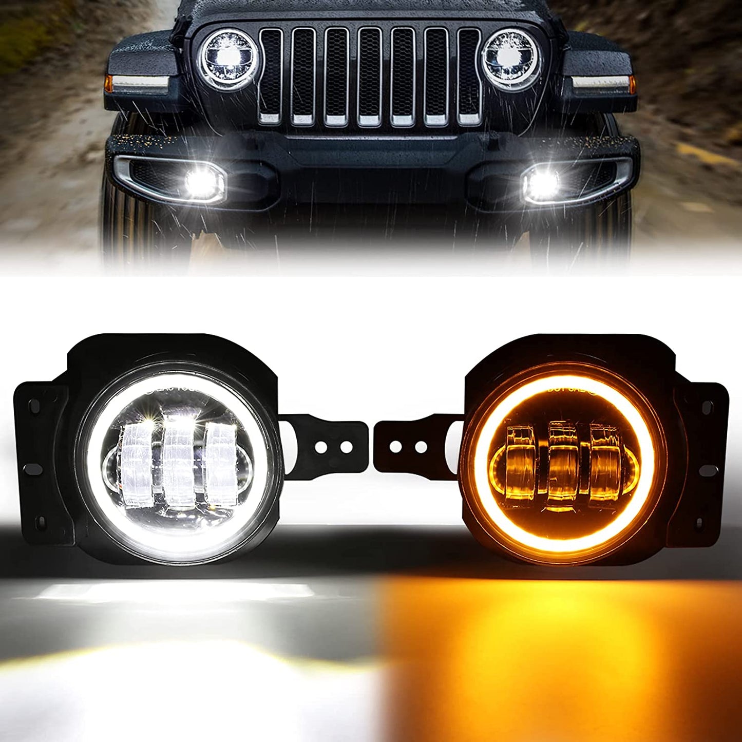 4 Inch LED Fog Lights for Wrangler JL JLU Unlimited Sport Rubicon Sahara 2018-2022, Round Fog Lamps for Gladiator JT 2018+, RHD, Wrangler 4xe, w/ DRL & Turn Signal - OMOTOR