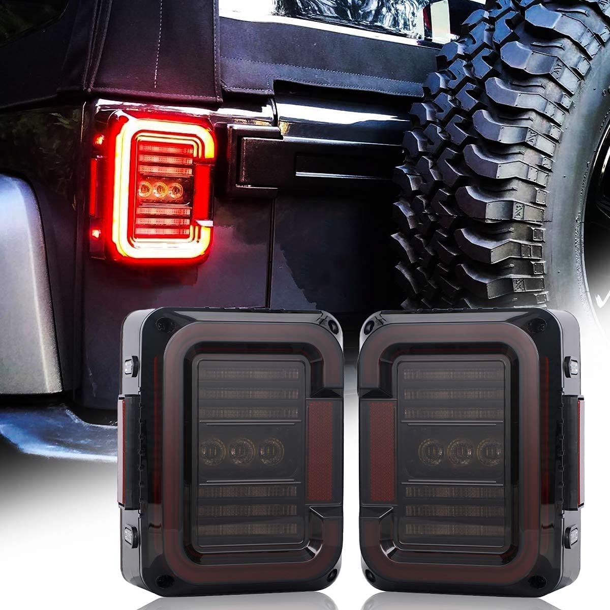 LED Tail Light Compatible with Jeep Wrangler JK JKU 2007-2018, Smoked Lens 20W Reverse Lights Brake Rear Back Up Lights - OMOTOR
