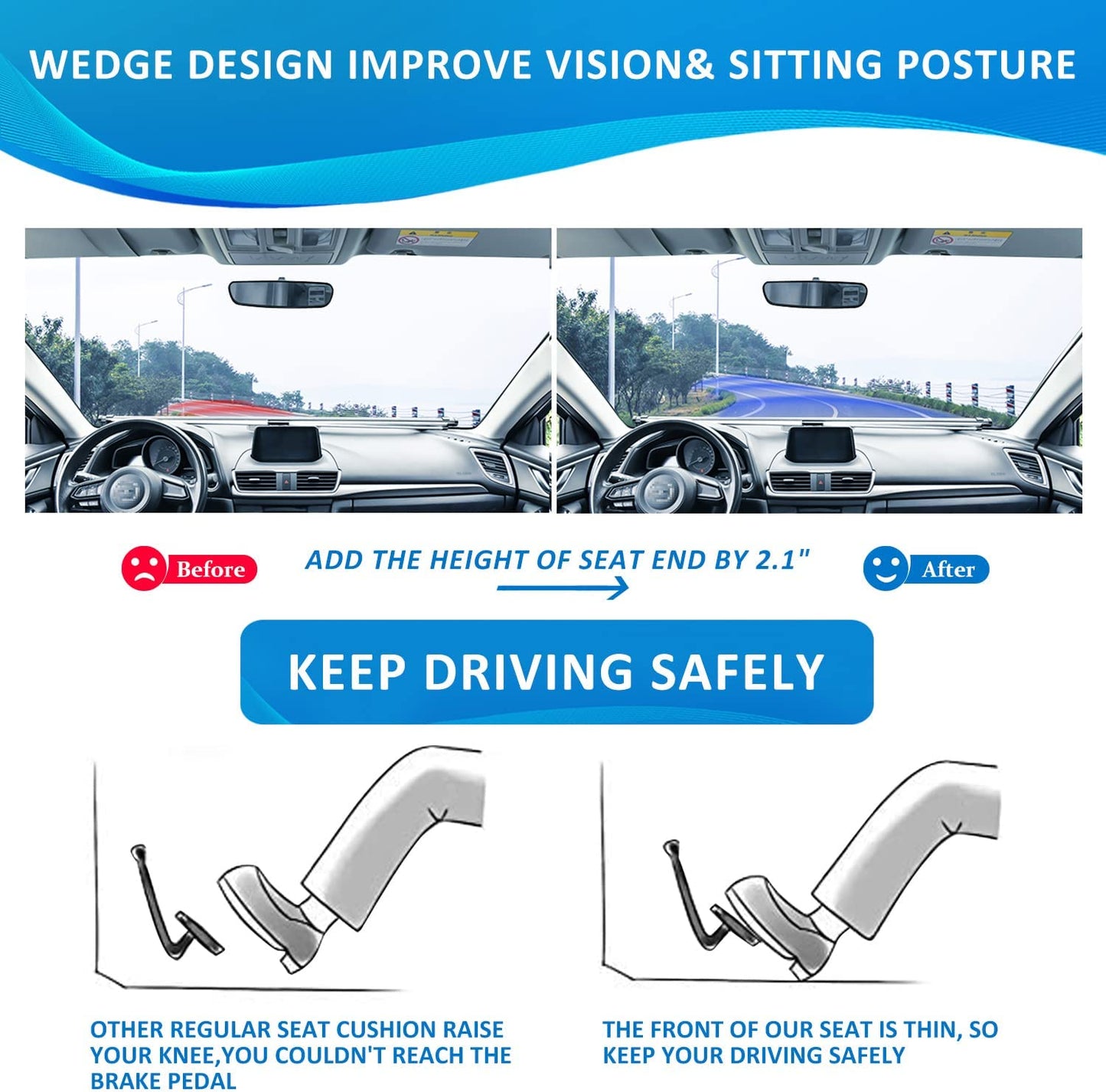 Car Seat Cushion for Car Seat Driver - Memory Foam Office Chair Cushions with Larger Size to Add More Comfort - Wedge Driver Seat Cushion Improve Driving View - OMOTOR