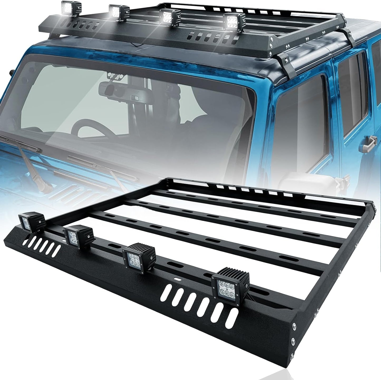 Roof Rack Cargo Basket with 4PCS LED Light Bar Compatible for 2007-2024 Jeep Wrangler JK JL Unlimited & Gladiator JT 2 & 4 Doors Hardtop, JKU JLU Luggage Racks Rooftop Storage Carrier (Black) - OMOTOR