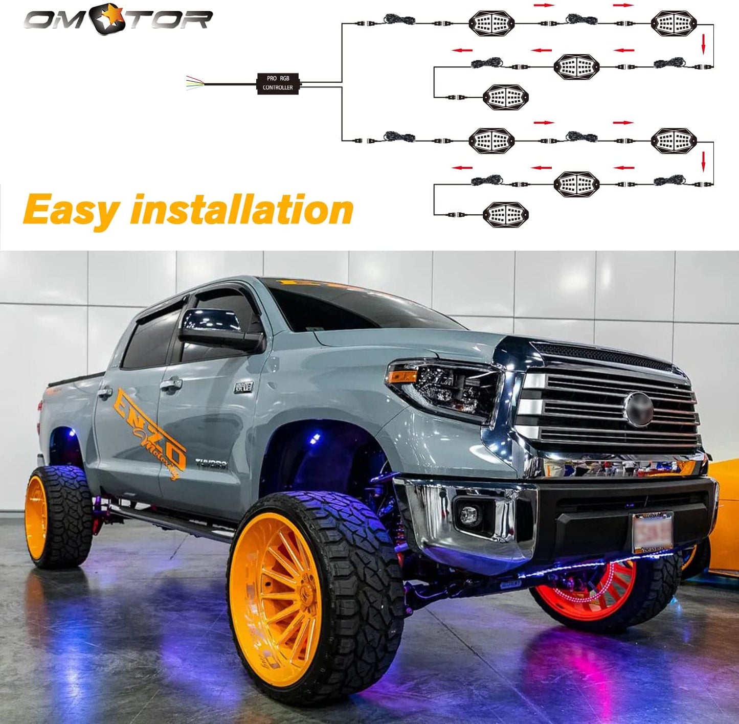 【Upgrade 8 Pods Rock Lights】- RGB LED Multicolor Underglow Neon Light Kit with Bluetooth Controller, Music Mode - OMOTOR