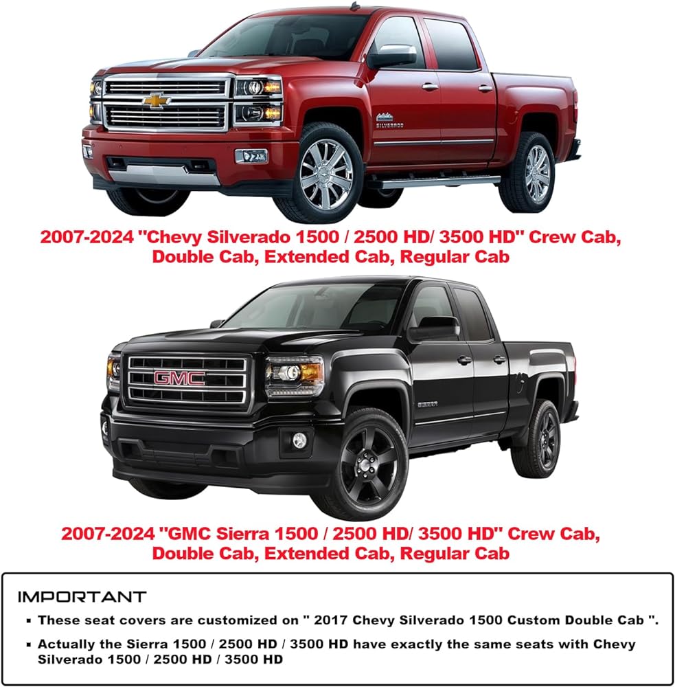 Seat Covers for Truck Chevy Chevrolet Silverado GMC Sierra Pickup 2007-2024 1500 2500HD 3500HD Trail Boss Z71 Crew Double Extended Cab Waterproof Leather Protectors (Full Set, Black) - OMOTOR
