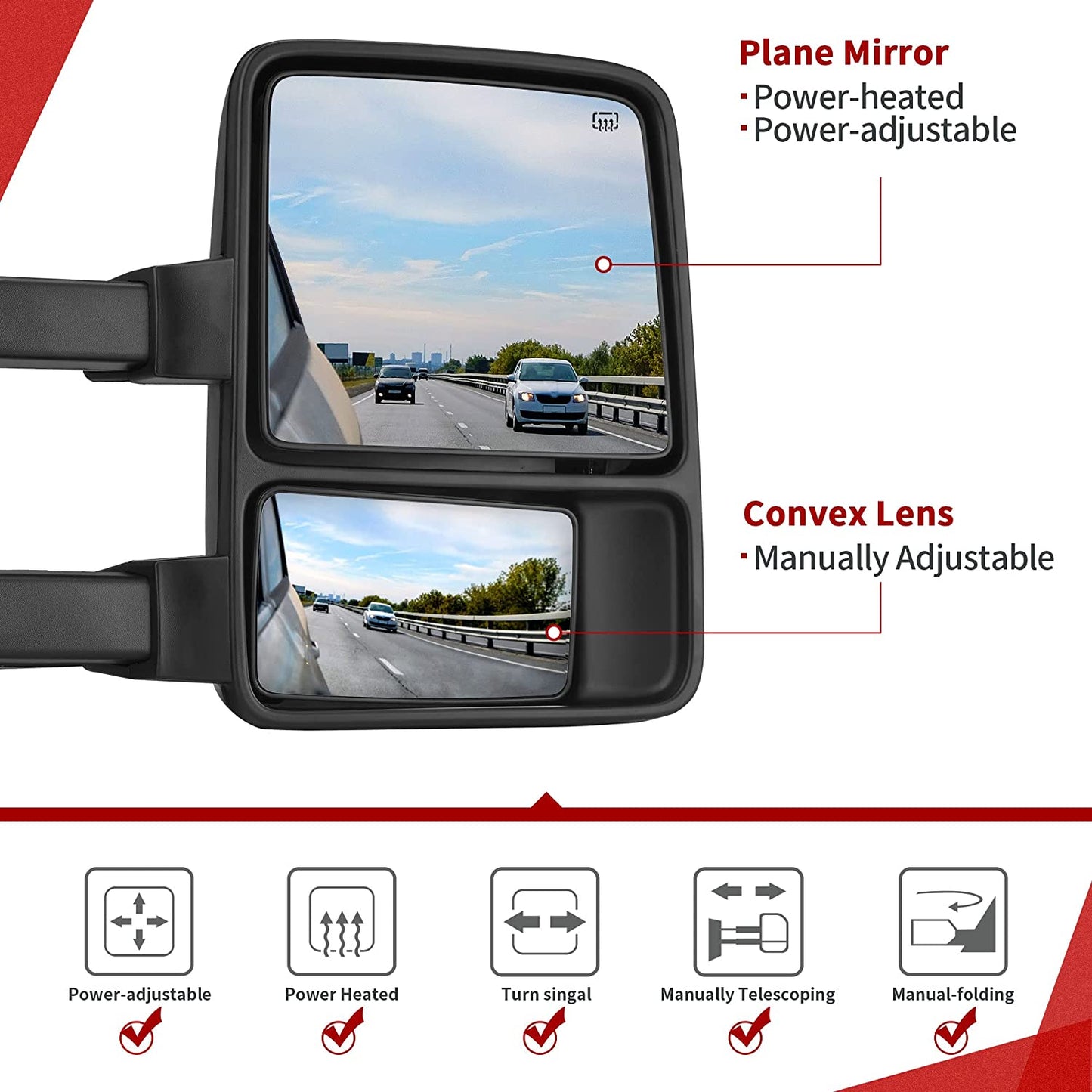 Towing Mirrors compatible for 1999-2007 Ford F250 F350 F450 F550 Super Duty Tow Mirrors Power Heated with Turn Signal Light Side Mirrors 1999 2000 2001 2002 2003 2004 2005 2006 2007 - OMOTOR