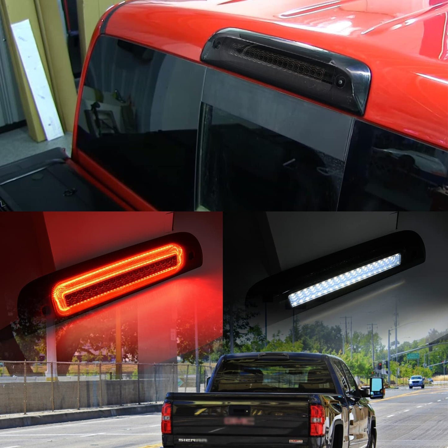 Led Third Brake Light Replacement for 2014-2018 Chevy Silverado GMC Sierra 1500 2500HD 3500HD Red LED Strobe Rear 3rd Brake Center High Mount Stop Lamp + White Cargo Light Kit Euro Smoked Lens - OMOTOR