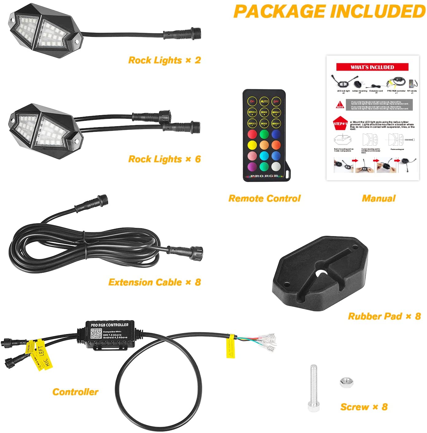 【Upgrade 8 Pods Rock Lights】- RGB LED Multicolor Underglow Neon Light Kit with Bluetooth Controller, Music Mode - OMOTOR