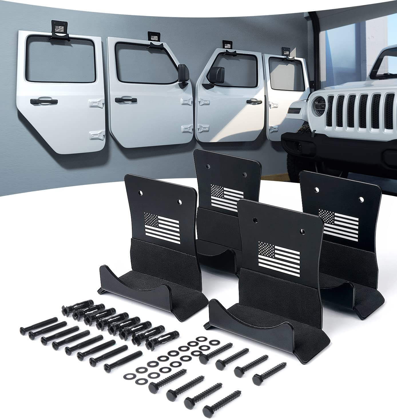 America Flag Storage Door Hangers, Aluminum Wall-Mounted Removable Door Storage Rack Holder with Rubber Lining Compatible with 1956-2023 Jeep Wrangler CJ YJ TJ LJ JK JKU JL JLU - 4PACK - OMOTOR