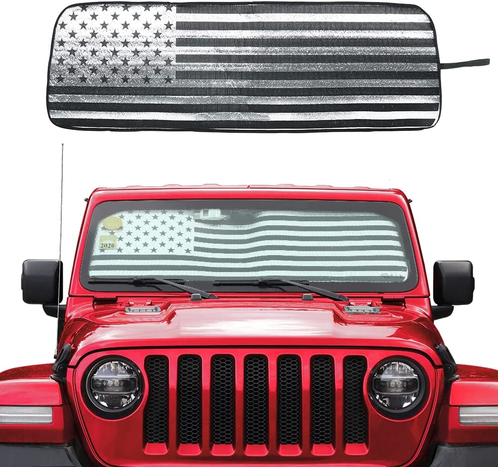 Windshield Sun Shade with USA Flag for 2018-2022 Jeep Wrangler JL JLU & Gladiator JT - OMOTOR