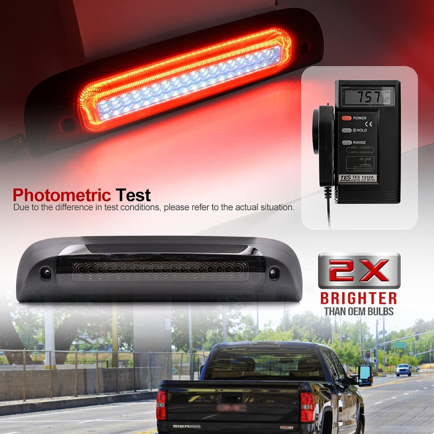 Led Third Brake Light Replacement for 2014-2018 Chevy Silverado GMC Sierra 1500 2500HD 3500HD Red LED Strobe Rear 3rd Brake Center High Mount Stop Lamp + White Cargo Light Kit Euro Smoked Lens - OMOTOR