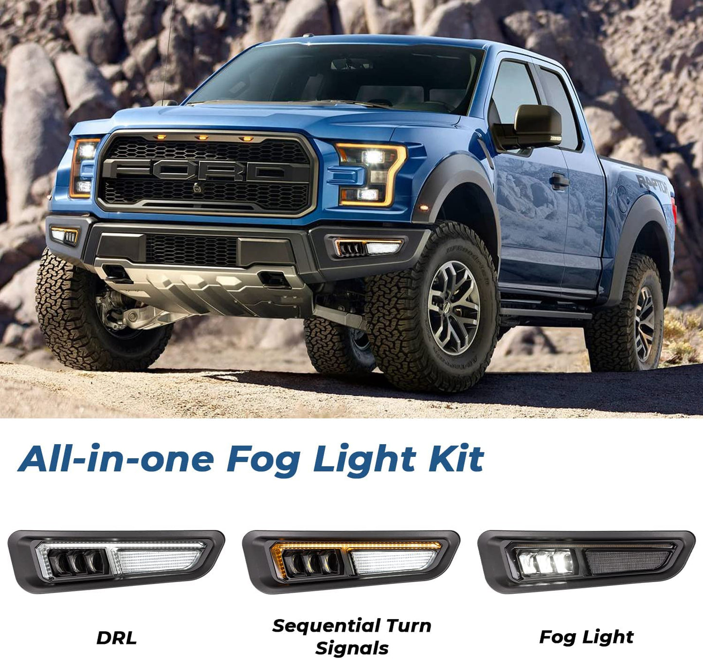 Fog Lights with Amber Sequential Turn Signal White DR LED Bumper Fog Lights Compatible Smoke Housing with Gen 2 for Ford Raptor 2017 2018 2019 2020 - OMOTOR