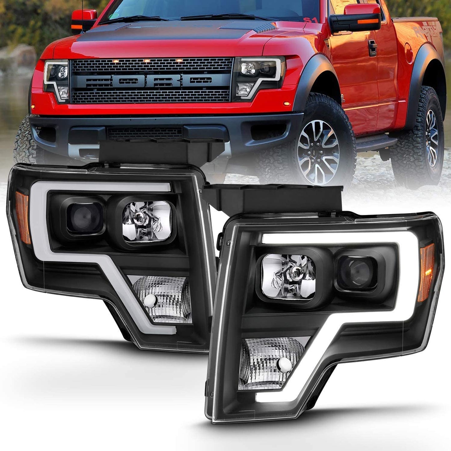 Square Projector Halogen Black Headlights Pair LED Bar Set for 2009-2014 Ford F150 High/Low Beam Bulb Included - Driver and Passenger Side - OMOTOR