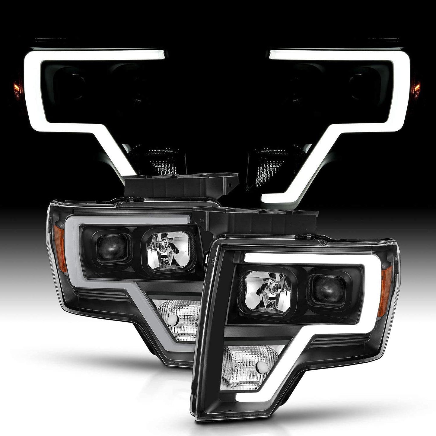 Square Projector Halogen Black Headlights Pair LED Bar Set for 2009-2014 Ford F150 High/Low Beam Bulb Included - Driver and Passenger Side - OMOTOR