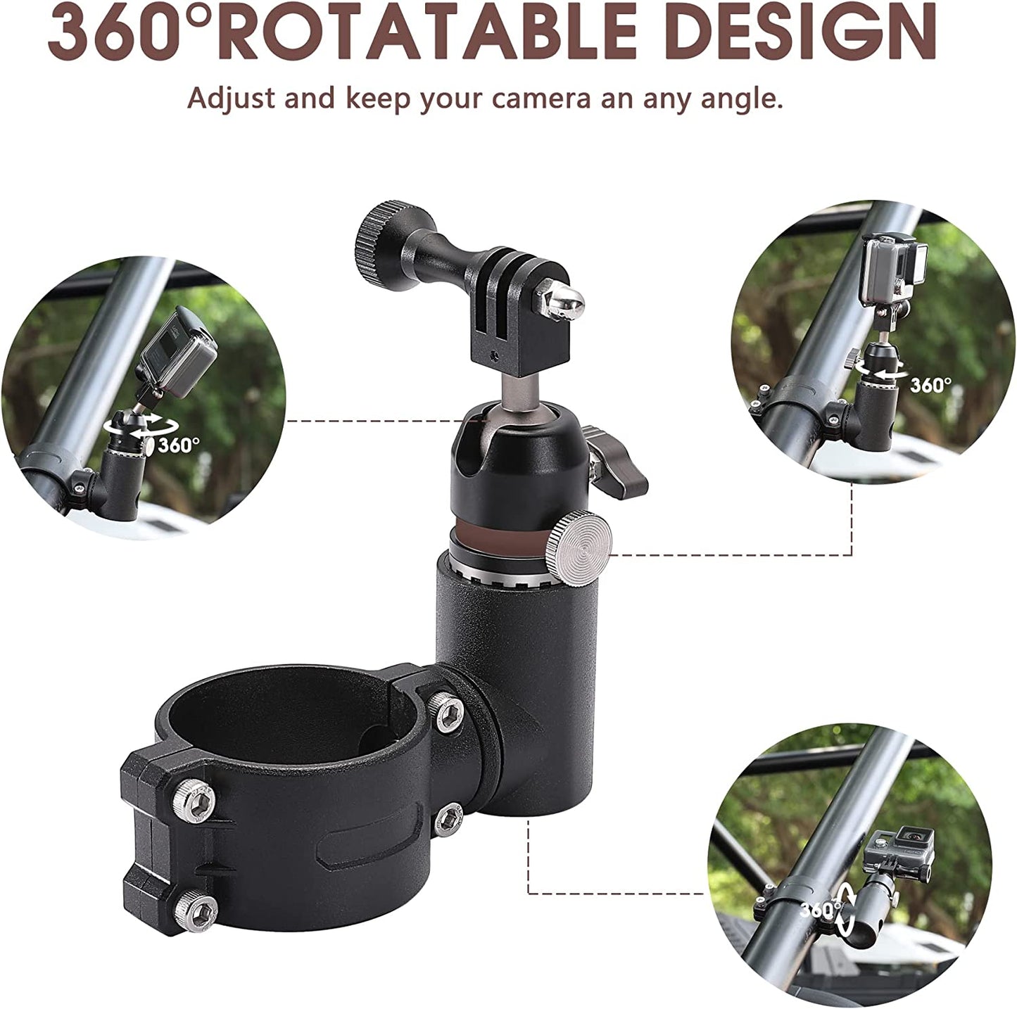 Gopro Mount with 360° Adjustable Spherical Head and Locking Knob, Compatible with UTV ATV Polaris Ranger 1.75-2 inch Roll Bar - OMOTOR